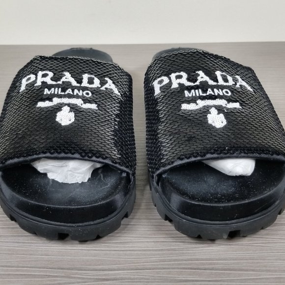 PRADA Logo Sequin Slide Sandal, Black, Womens Size 7.5US / 37.5EU - Picture 2 of 11